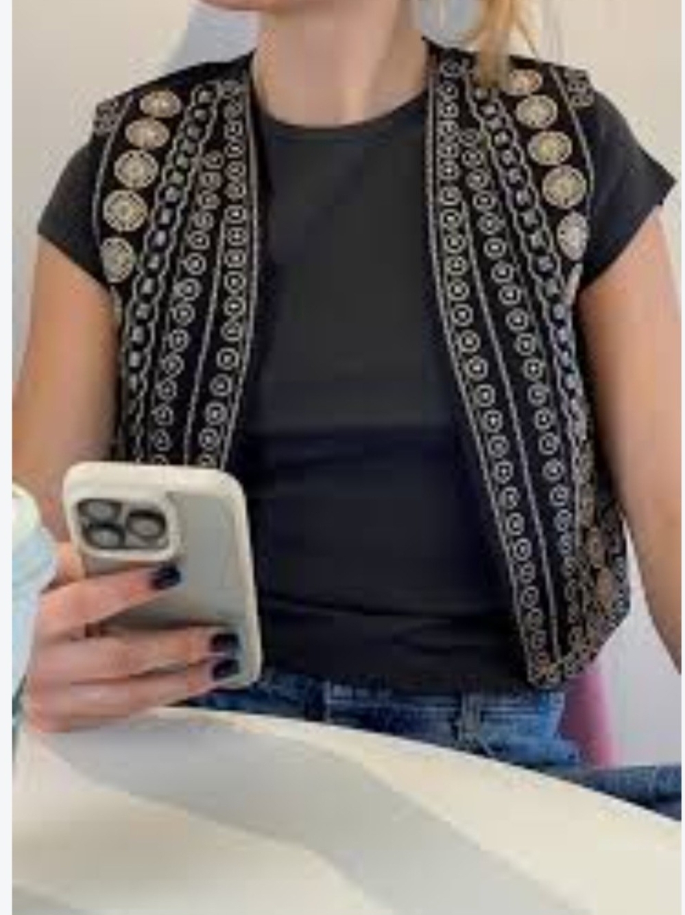 Black Embroidered Sleeveless Vest with Metallic Detail